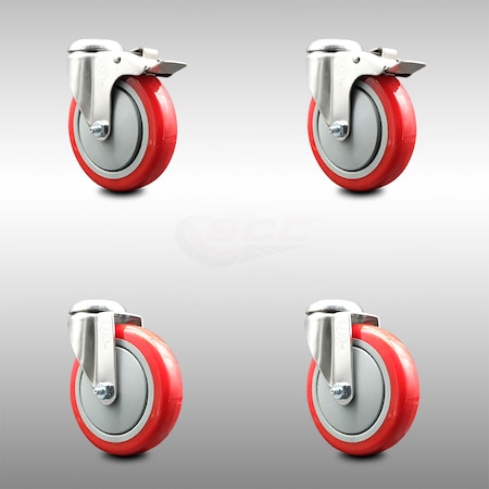 Service Caster 5 Inch 316SS Red Polyurethane Swivel Bolt Hole Caster Set with 2 Lock Brake SCC-SS316BHTTL20S514-PPUB-RED-2-S-2